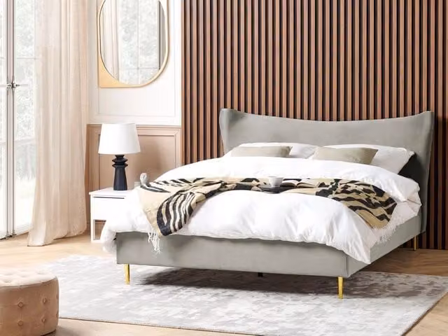 Letto Beliani in velluto grigio con struttura imbottita e gambe oro in stile glamour moderno L/P: 180 x 200 cm