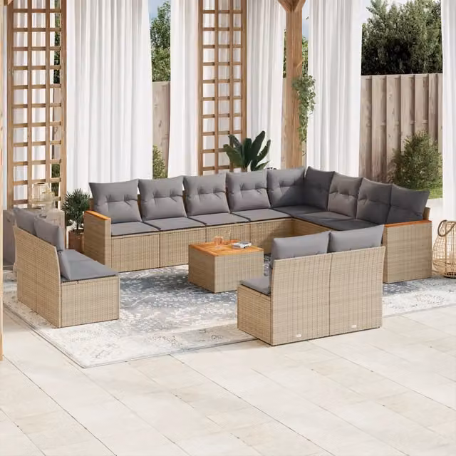 Set Divano da Giardino vidaXL a Forma a U con 13 Pezzi, Colore Beige e Grigio, con Cuscini e Tavolino da Caffè in Polyrattan e Metallo – 1