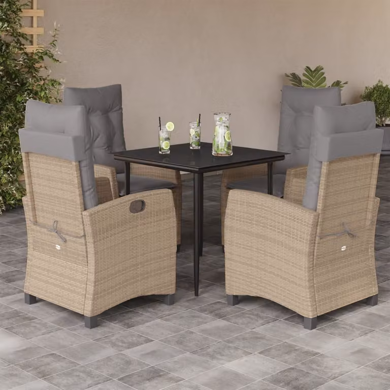 Set Pranzo da Giardino vidaXL 5 pz in Polyrattan con Cuscini Beige Misto e Tavolo in Vetro
