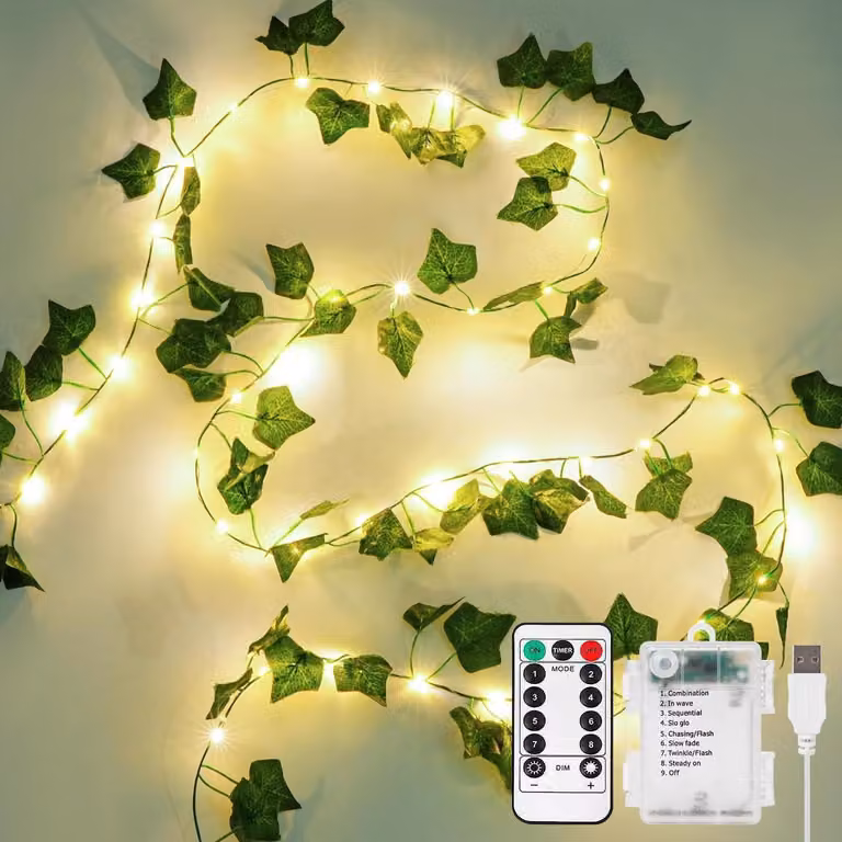 Catena luminosa a forma di edera, 10 metri, 100 LED, luce bianca calda, alimentazione a batteria e USB, 8 modalità, timer