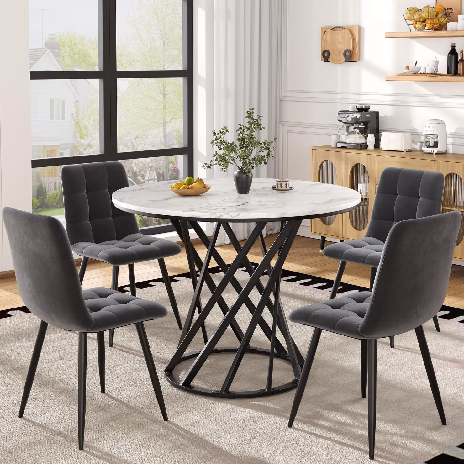 Set tavolo da pranzo Sweiko (5 pezzi), set tavolo da pranzo moderno (con 4 sedie), set tavolo da pranzo per cucina, tavolo da cucina rotondo con diametro di 80 cm e gambe in metallo nero, piano tavolo in MDF bianco, sedie in velluto