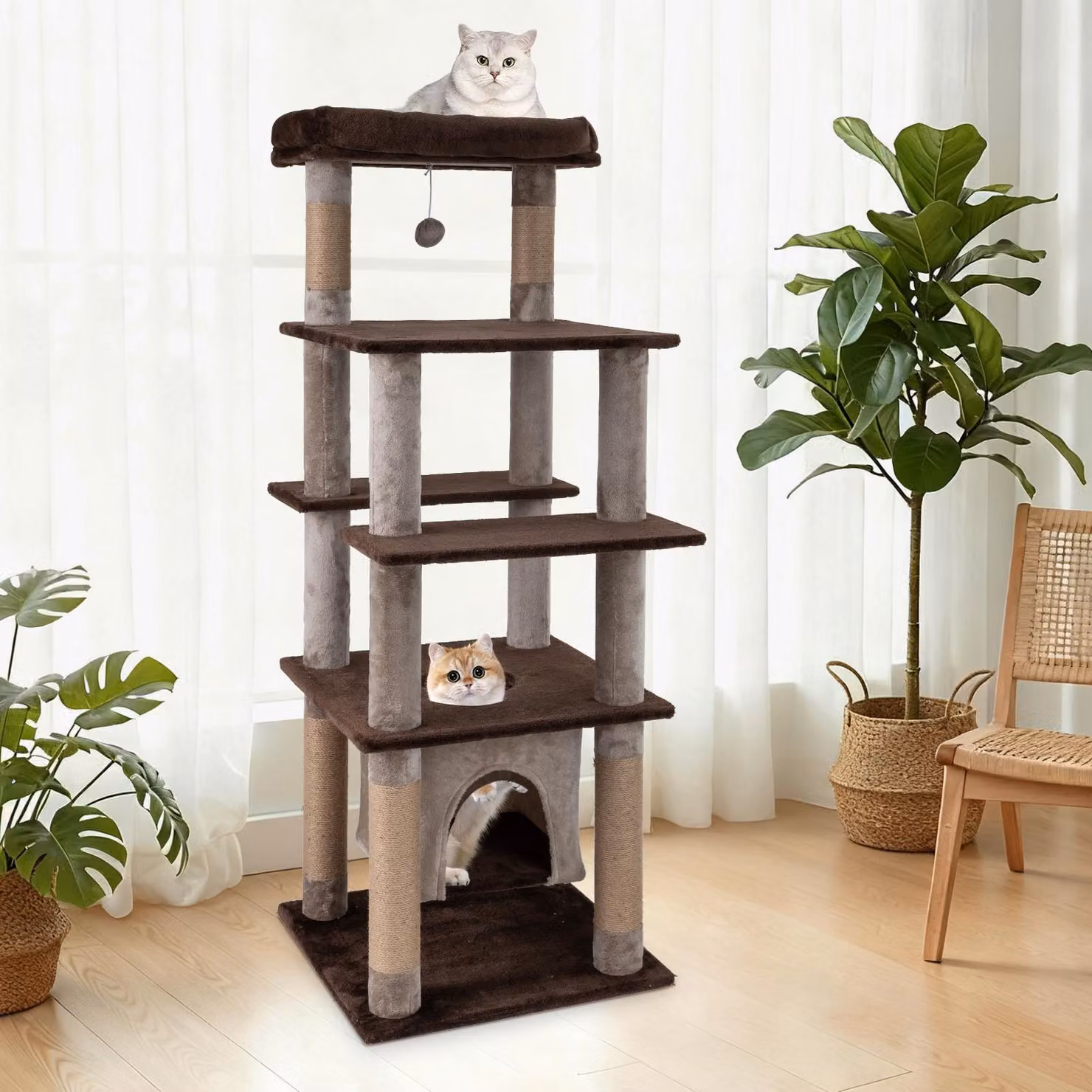 Tiragraffi COSTWAY, 148 cm, albero per gatti con grotta per gatti oscillante, base, letto per gatti, tiragraffi, palla e piattaforme, tiragraffi per gatti, marrone