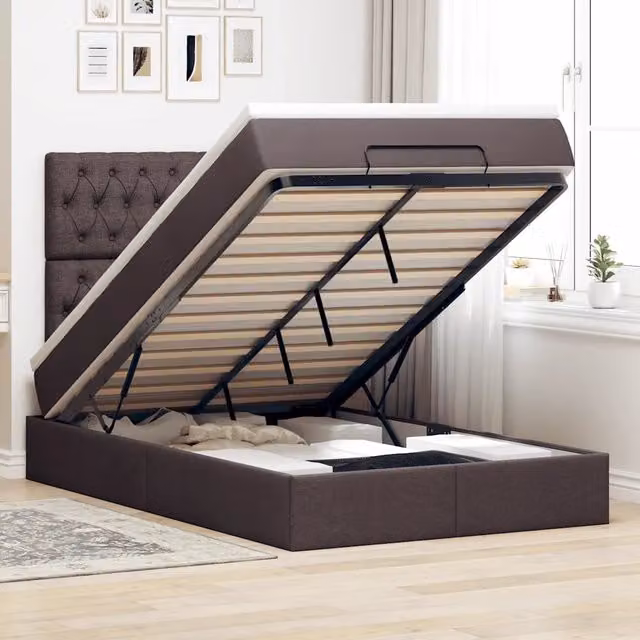 Letto contenitore con base a sollevamento vidaXL in tessuto marrone e bianco L/P/H: 200 x 120 x 45 cm