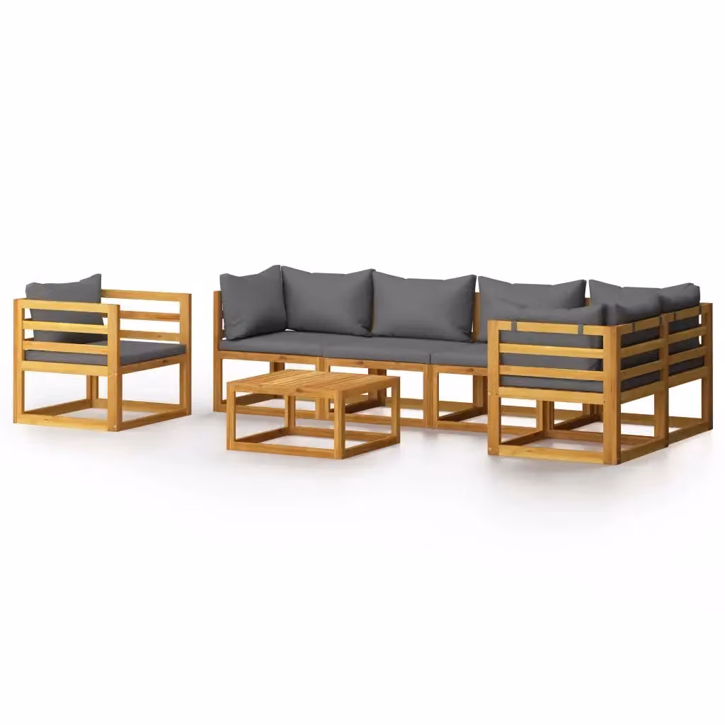 Set di divani da giardino vidaXL a forma di L in legno di acacia con cuscini grigi, composto da 7 pezzi con tavolino e poltrone – 2