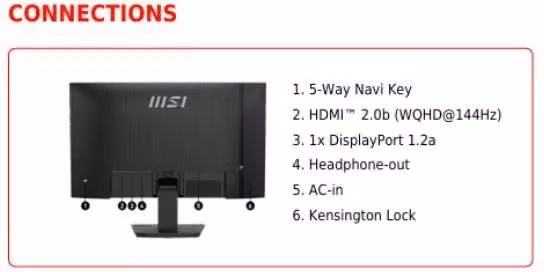 Monitor PC MSI Pro MP273Q E14 da 27 pollici, Pannello IPS, Risoluzione QHD 2560 x 1440 pixel, 144 Hz, Nero