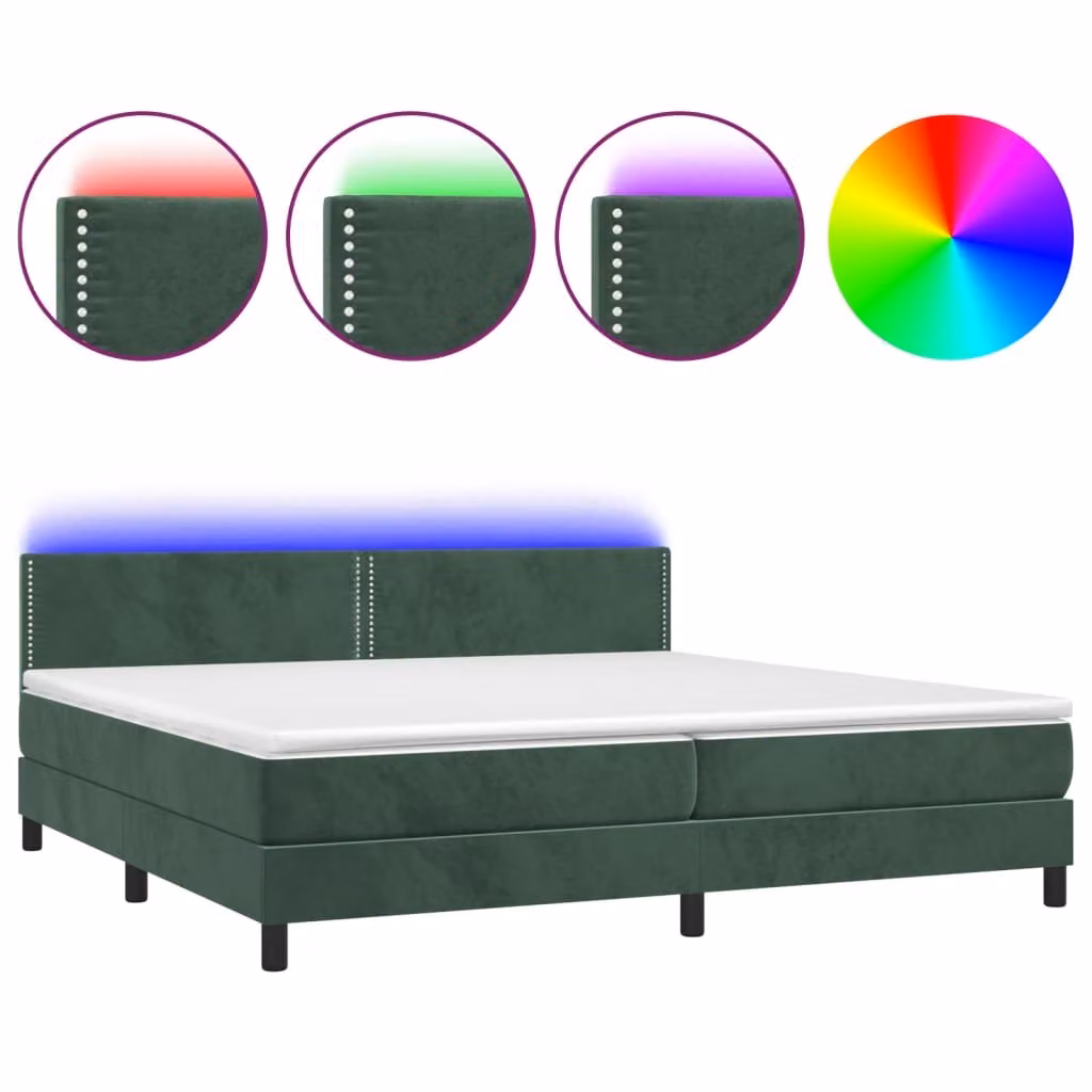 Letto a Molle con Materasso e LED Verde Scuro 200x200cm Velluto