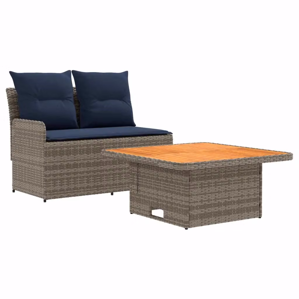Set da giardino moderno in polyrattan composto da divano a due posti ad angolo e tavolino da esterno con cuscini imbottiti grigi e blu – 2