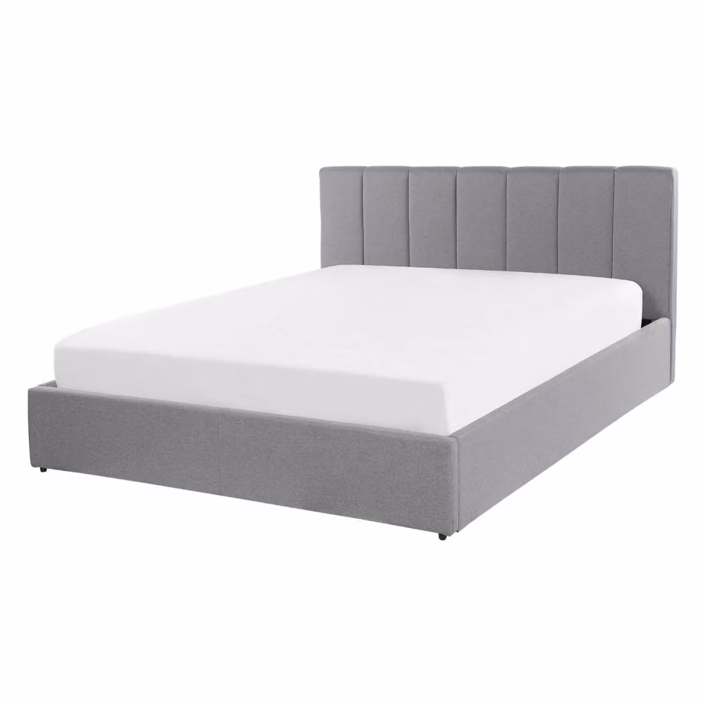 Letto contenitore Beliani con rivestimento in tessuto grigio e base a sollevamento, L/P: 140 x 200 cm – 2