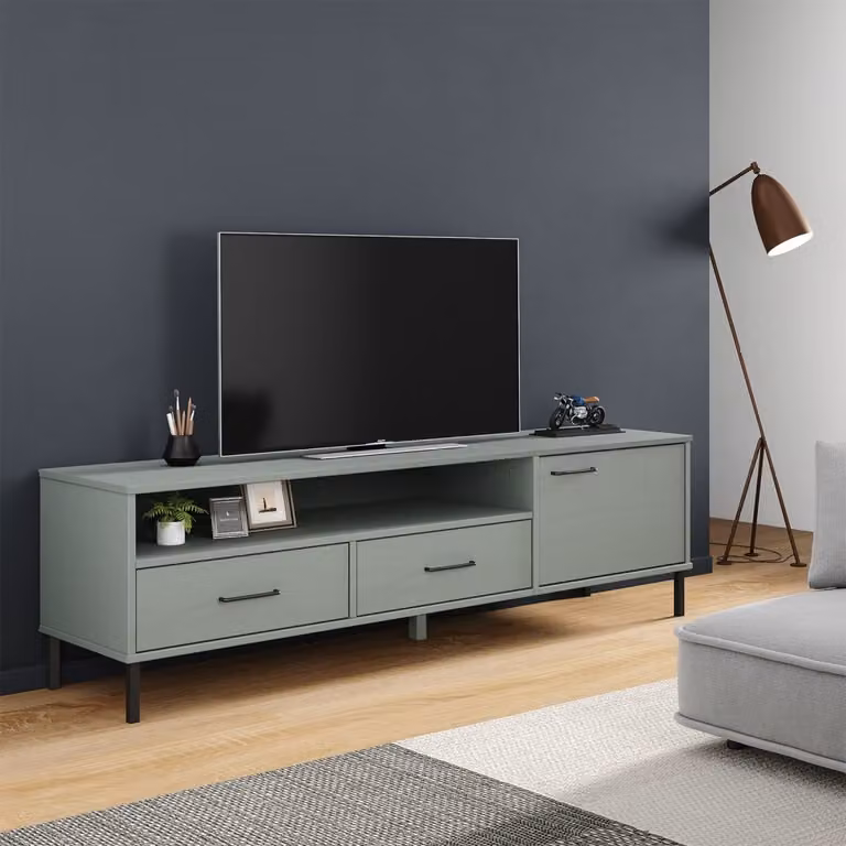 Mobile TV OSLO vidaXL in legno di pino massello e metallo, Grigio e Legno, L: 158,0 cm, P: 40,0 cm, H: 46,5 cm