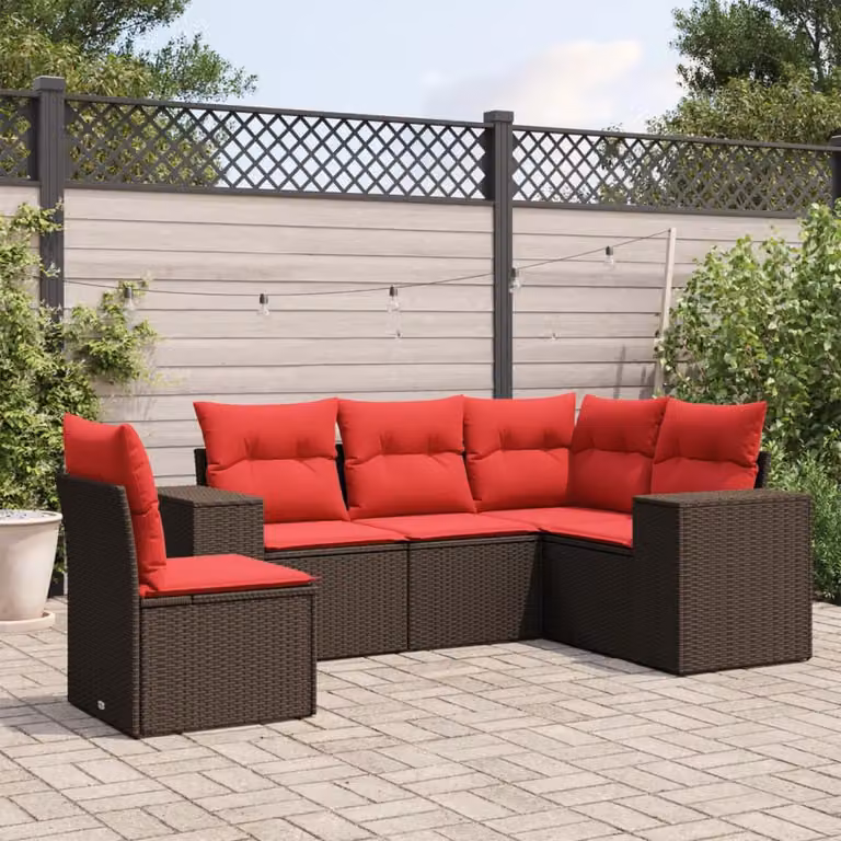 Set Divani da Giardino vidaXL 5 Pezzi a Forma di L in Polyrattan Marrone con Cuscini Imbottiti e Rivestimenti Rimovibili