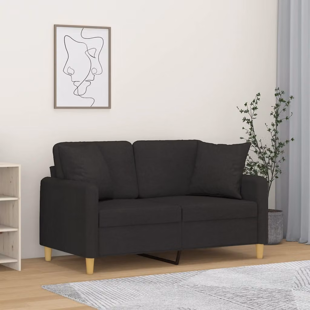 vidaXL Divano a 2 Posti Moderno in Tessuto Nero con Cuscini e Struttura in Metallo L: 138 cm, P: 80 cm, H: 77 cm – 1