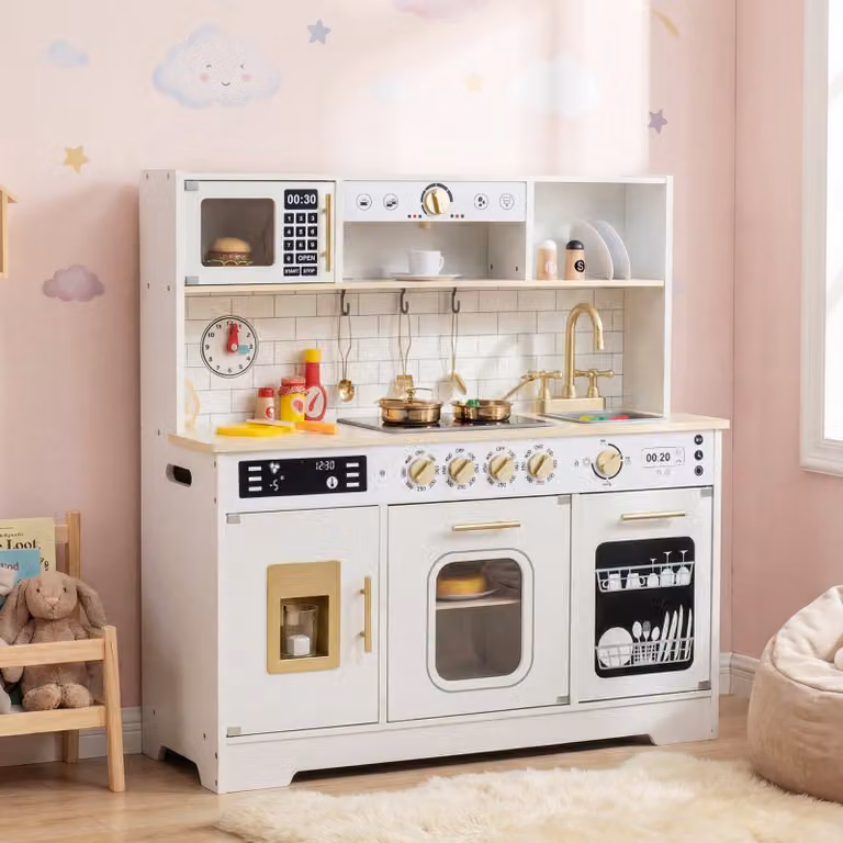 Cucina giocattolo in legno Costway con effetti luminosi per bambini, colore bianco