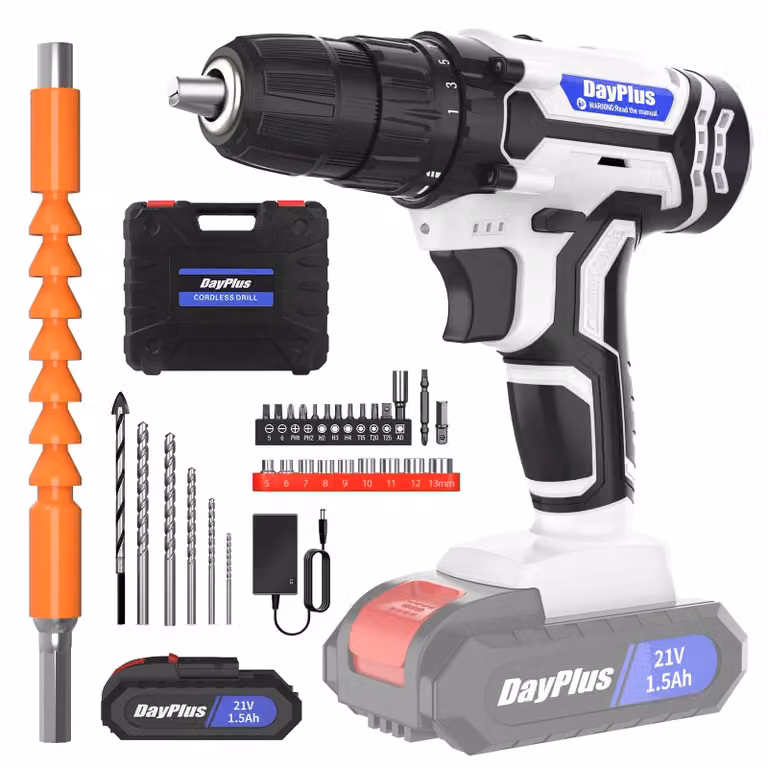 Trapano avvitatore a batteria - 21 V, con due velocità, coppia di 45 Nm, batteria da 1,5 Ah, diametro massimo di foratura 23 mm, colore bianco, include 1 batteria