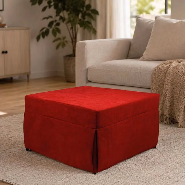 Pouf trasformabile in letto, in tessuto imbottito, rete e materasso inclusi, cm 75x75h42 cm, colore Rosso