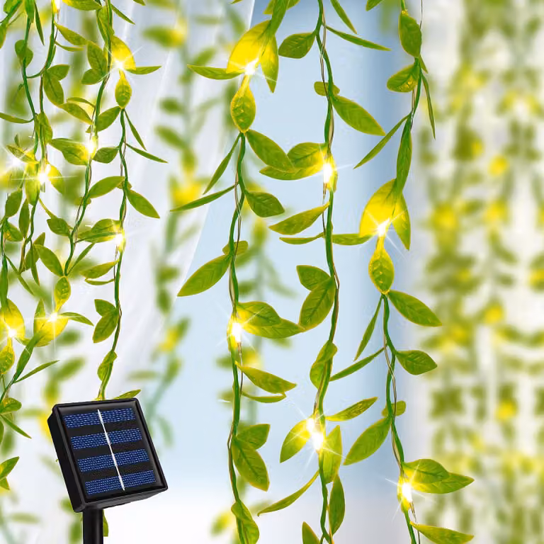 Catena luminosa solare con foglie di edera, 10 metri, 100 LED, luce bianco caldo, grado di protezione IP65