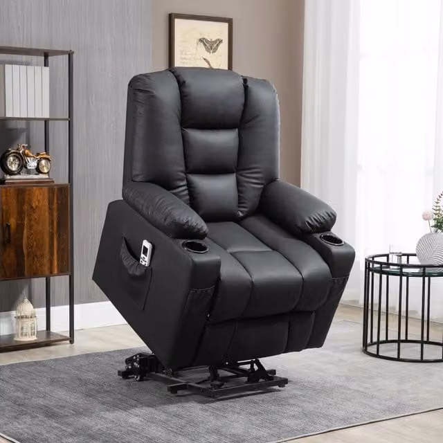 Poltrona relax elettrica 90x98x102 cm con alzapersona e reclinabile in similpelle nera