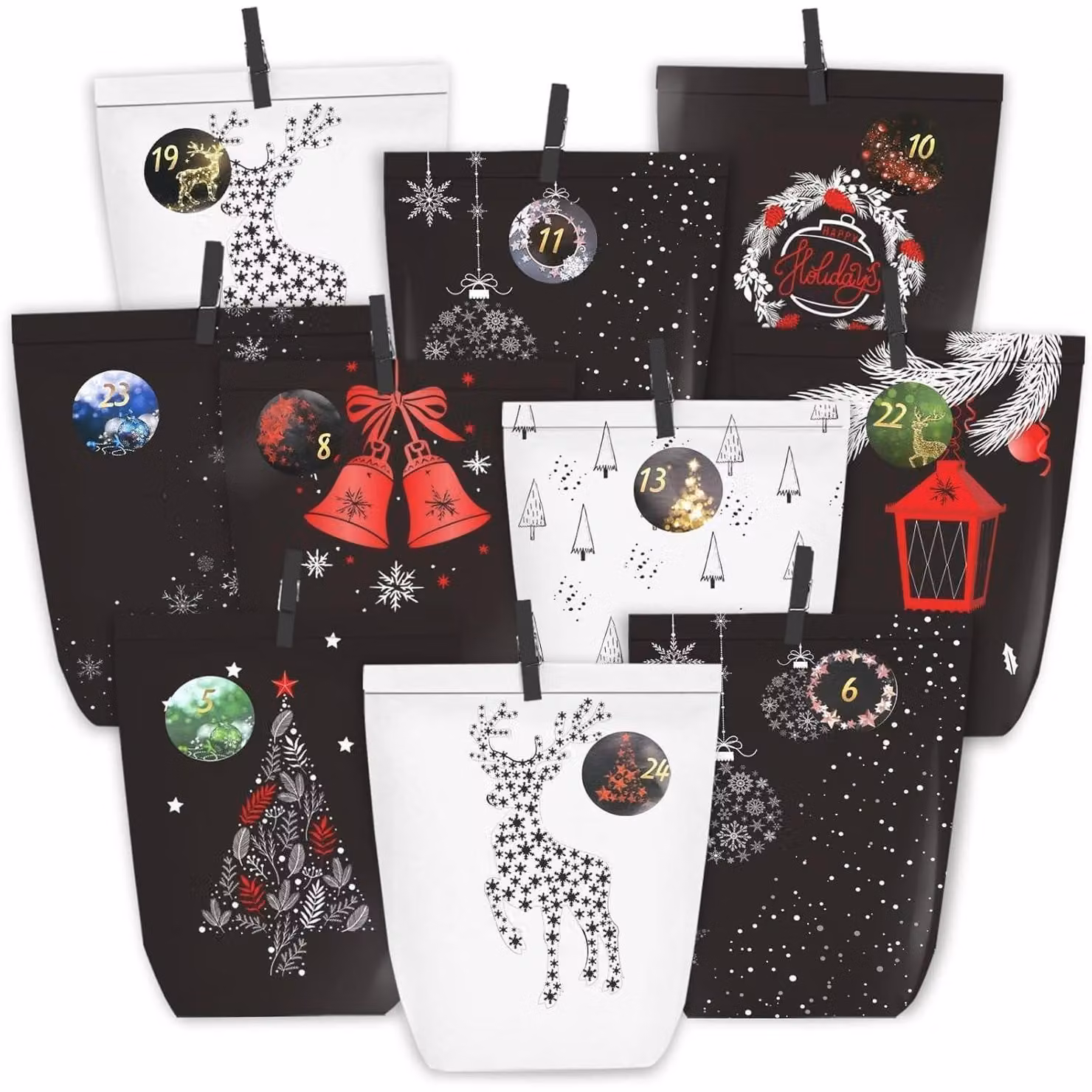 Calendario dell'Avvento con 24 sacchetti di carta, numeri adesivi, classico design nero e rosso