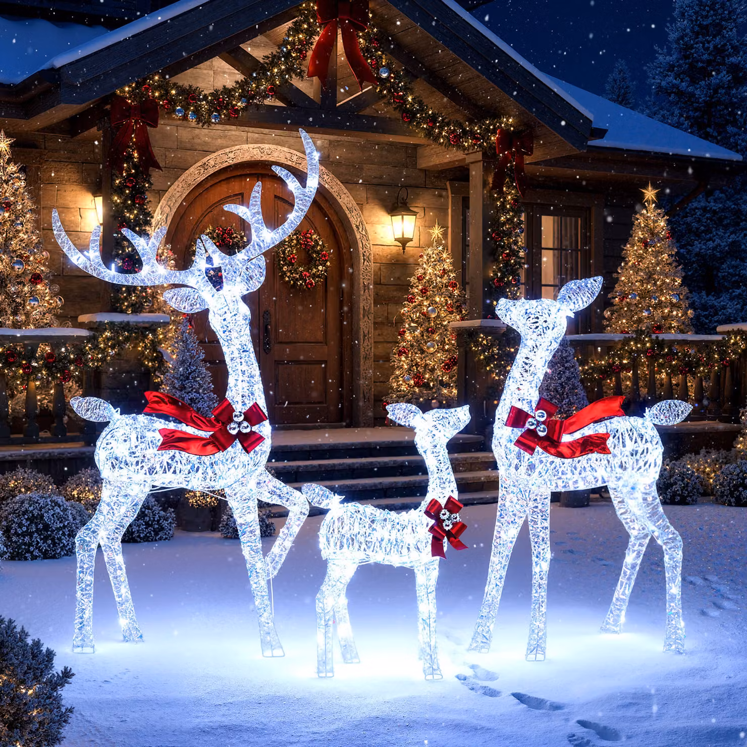 Costway Famiglia di renne pre-illuminate con 215 luci LED bianche fredde, Set di 3 renne natalizie illuminate da interno e esterno Bianco