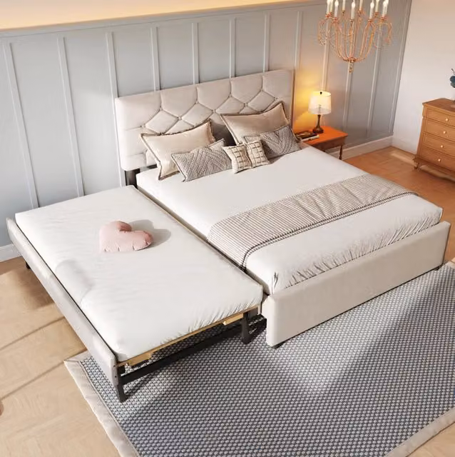 Letto imbottito beige 140x200 cm con rete e letto estraibile in velluto minimalista