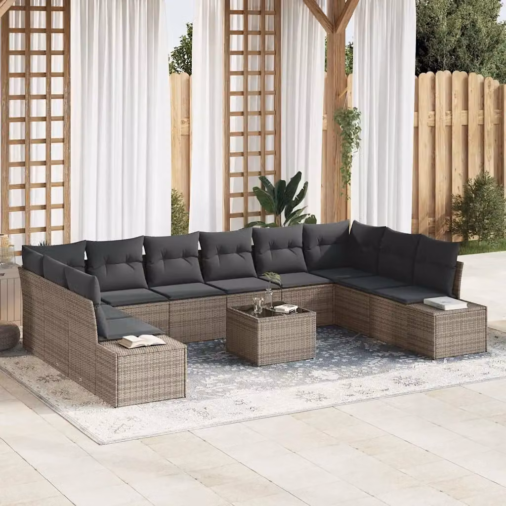 vidaXL Set Divano da Giardino 10 Pezzi in Polyrattan Grigio con Cuscini e Tavolino da Caffè – 1