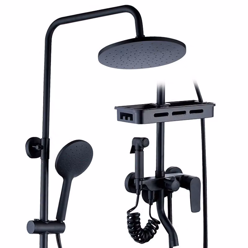 Set doccia a pioggia, sistema doccia con termostato, con rubinetto per bidet, soffione a 4 funzioni, con mensole da bagno, corpo in rame, per bagno, nero