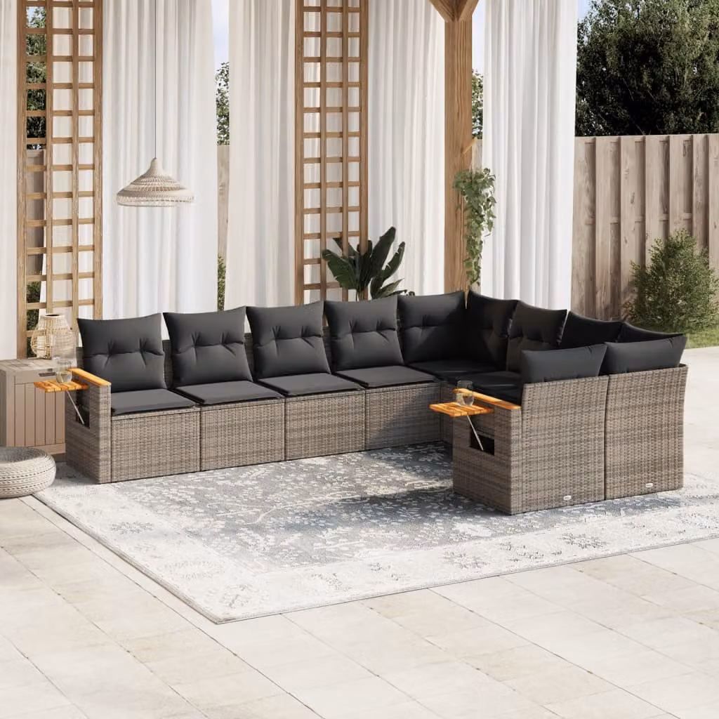 Set Divano da Giardino vidaXL 9 pz in Polyrattan Grigio con Cuscini e Tavolino – 1