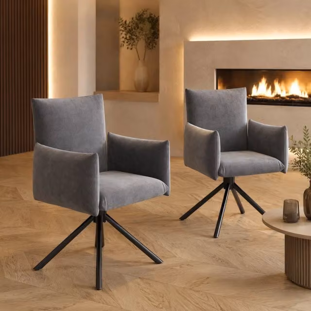 Set di 6 sedie da pranzo girevoli a 360° in velluto grigio con braccioli e gambe in metallo