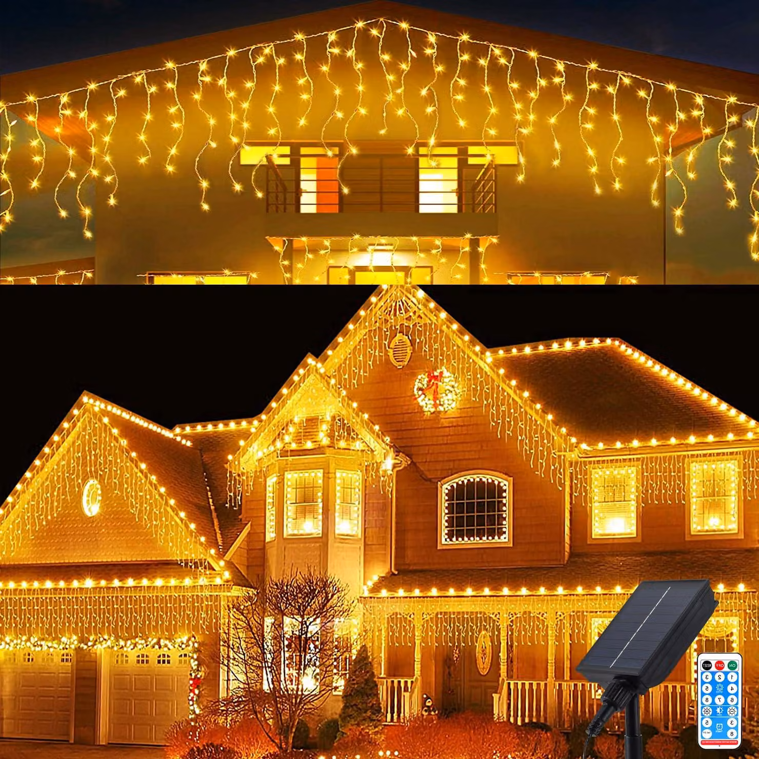 Catena luminosa solare con ghiaccioli, 8 metri, 288 LED, 48 fili, grado di protezione IP65