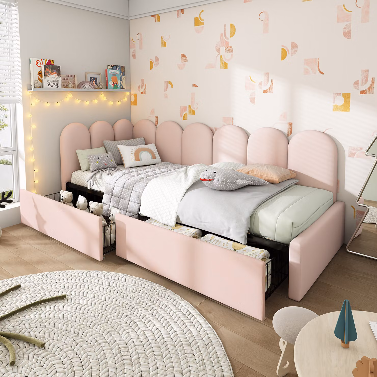 Letto imbottito Flieks 90x200cm con 2 cassetti, divano letto con rete a doghe, letto da giorno letto per ospiti letto contenitore divano letto letto per bambini letto per ragazzi, velluto, rosa