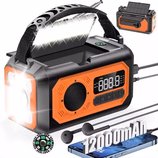 Notrohr - Dispositivo di emergenza portatile - 12000mAh, 2 pannelli solari, AM/FM, 3 modalità di ricarica, allarme SOS, lampada a LED, bussola, ingresso per cuffie (arancione)