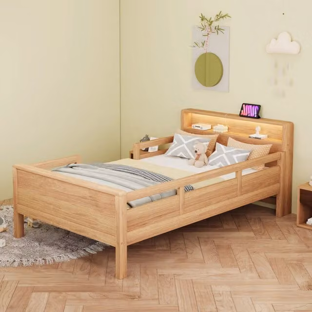 Letto singolo Mivray marrone con testiera a ripiano, illuminazione LED, porte USB e Type-C e sponde in legno di pino, L/P/H: 90 x 200 cm