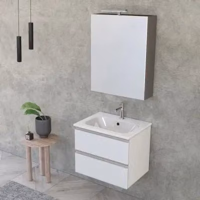Mobile bagno sospeso INBAGNO Master bianco opaco con lavabo e specchio contenitore con illuminazione LED L: 60 cm, P: 45 cm, H: 50 cm – 1