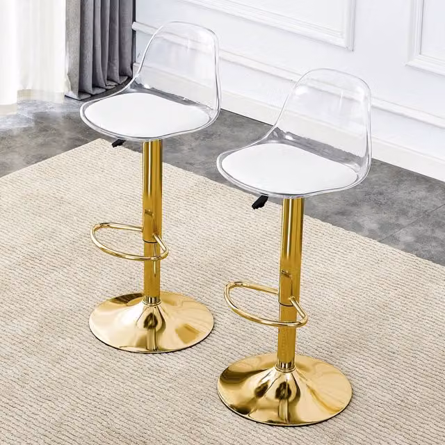 Set di 2 sgabelli da bar OKWISH con schienale trasparente, girevoli a 360° e altezza regolabile, finitura oro e base in metallo