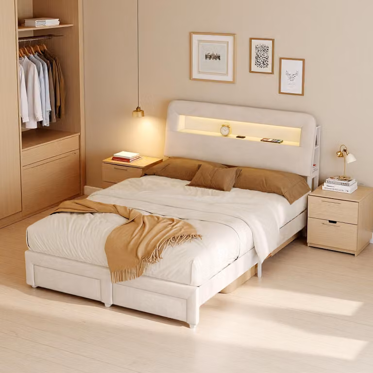 Letto imbottito in velluto ProximaX 160x200 cm in beige con testiera con memoria, porta di ricarica USB, illuminazione a LED e due cassetti nella parte inferiore
