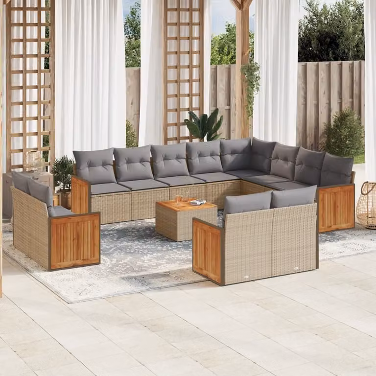Set Divano da Giardino vidaXL 13 pz a forma a U con Cuscini Beige e Tavolino da Caffè in Polyrattan e Legno di Acacia