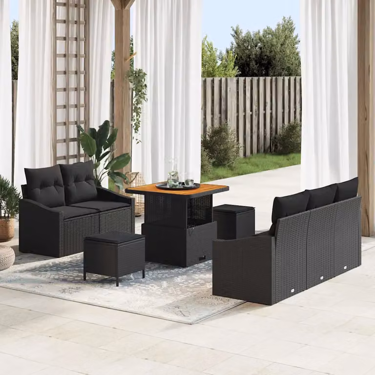 Set Divano da Giardino vidaXL 8 Pezzi a Forma di U con Tavolino e Pouf, Colore Nero