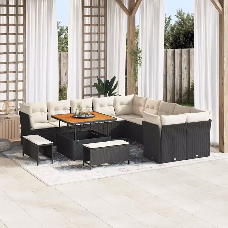 Set Divano da Giardino vidaXL 13 pz a forma di U in Polyrattan Nero e Beige con Cuscini e Tavolino da Esterno