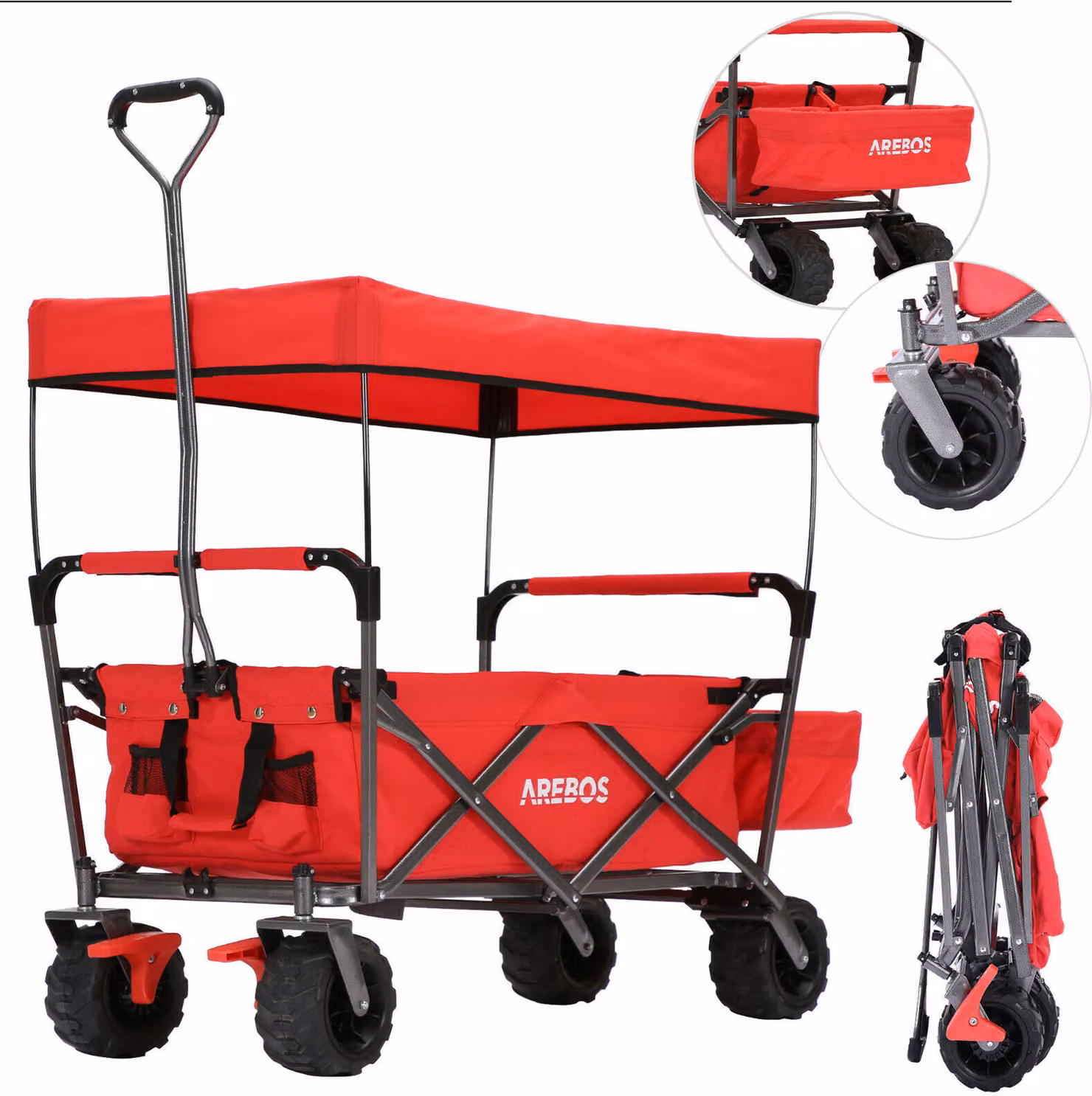 AREBOS carretto pieghevole rosso con tetto, tasche in rete, 100 kg