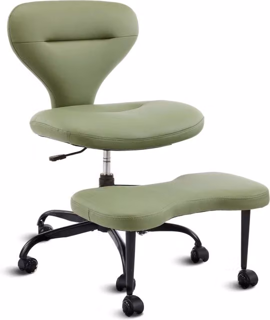 Sedia da meditazione per adulti verde in ecopelle con ruote silenziose e poggiapiedi