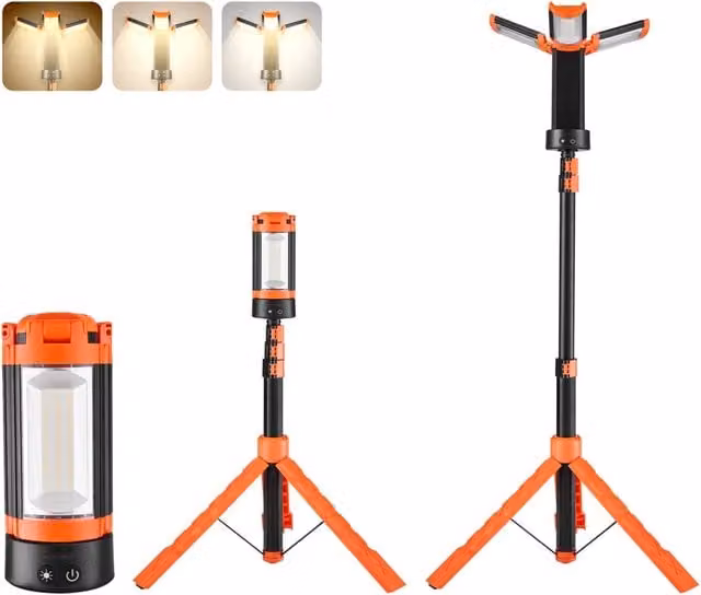 Lampada da Lavoro LED Ricaricabile 10 Ah 20W 2200lm con Treppiede Staccabile a 3 Teste Dimmerabile per Cantieri e Fai da Te