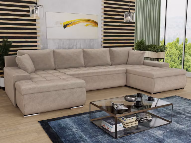 Set divano letto a forma di U Faris - Divano, divano letto con contenitore, divano con funzione letto, divano grande, divano letto (Beige (Paros 02))