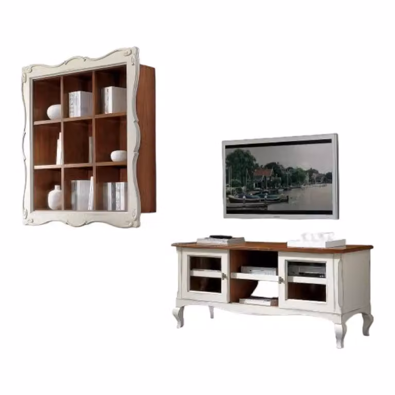 Parete attrezzata porta tv shabby chic in legno bianco e marrone Mobili 2G L: 151 cm, H: 50 cm, P: 40 cm