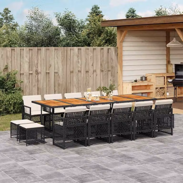 vidaXL Set da Pranzo da Giardino 15 pz in Polyrattan con Cuscini e Tavolo in Legno di Acacia Nero e Bianco