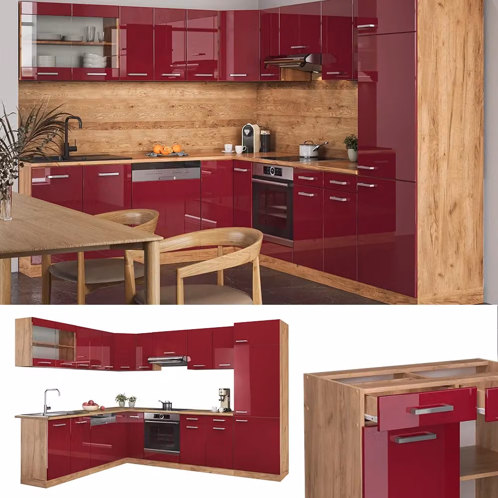 Cucina angolare moderna Vicco R-Line Rosso lucido e Rovere dorato con piano Antracite, L/P/H: 287 x 227 x 60 cm – 2