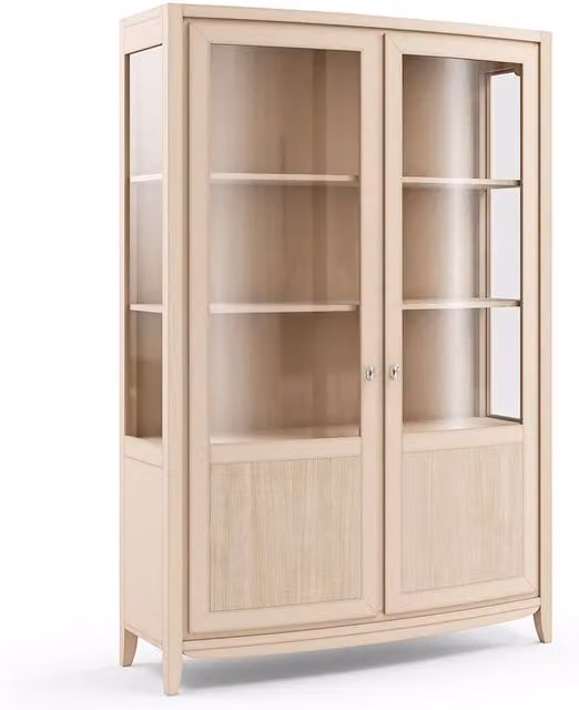 Vetrina contemporanea Mobili 2G con 2 ante in vetro e decoro onda in legno naturale, colore beige e marrone, L: 128 cm, P: 46 cm, H: 200 cm