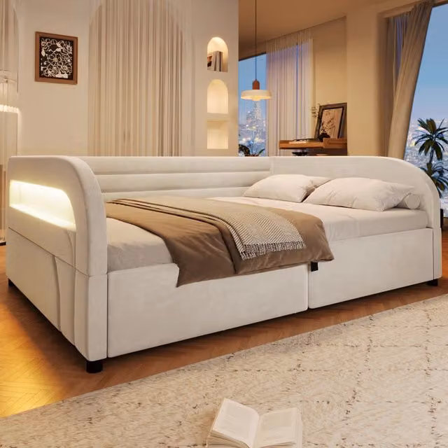 Letto contenitore imbottito 140x200 beige con apertura idraulica e LED RGB