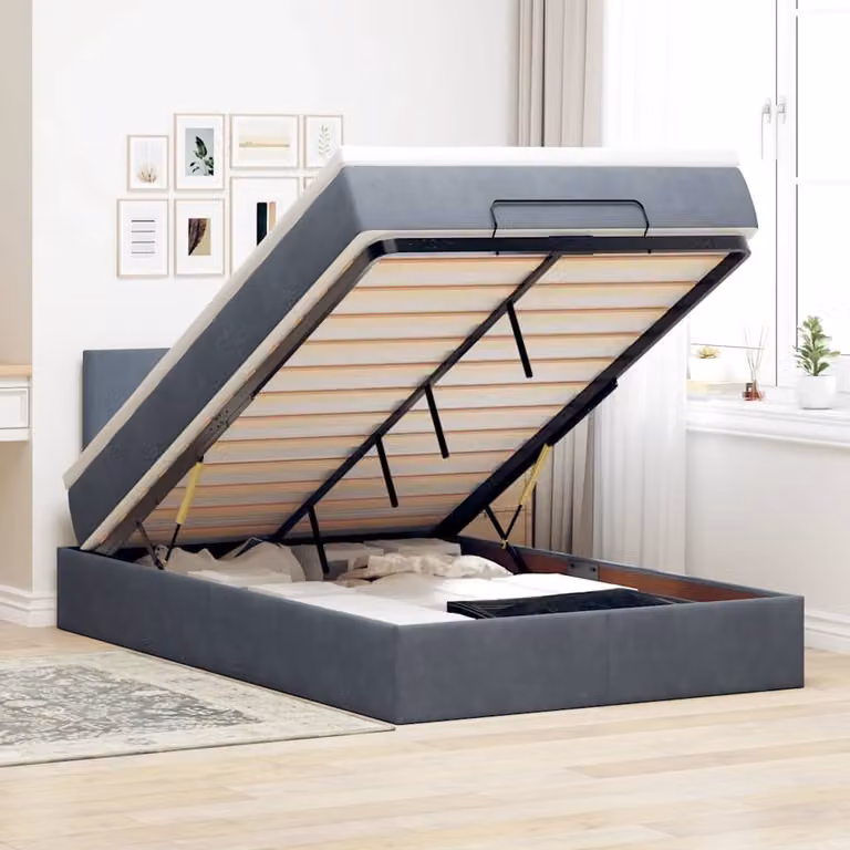 Letto con Pouf e Materasso vidaXL in Velluto con Base a Sollevamento, Illuminazione Sotto il Letto e Porte USB, L/P/H: 200 x 120 x 88 cm, Grigio e Bianco