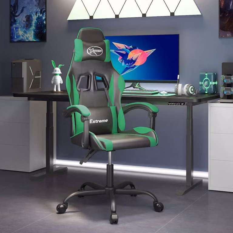 Sedia da Gaming vidaXL Multicolore Nera e Verde in Similpelle con Braccioli e Ruote, Ruotabile a 360 Gradi
