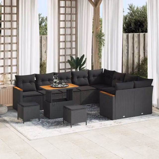 vidaXL Set Divano da Giardino 12 pz in Polyrattan Nero con Cuscini e Tavolino da Esterno
