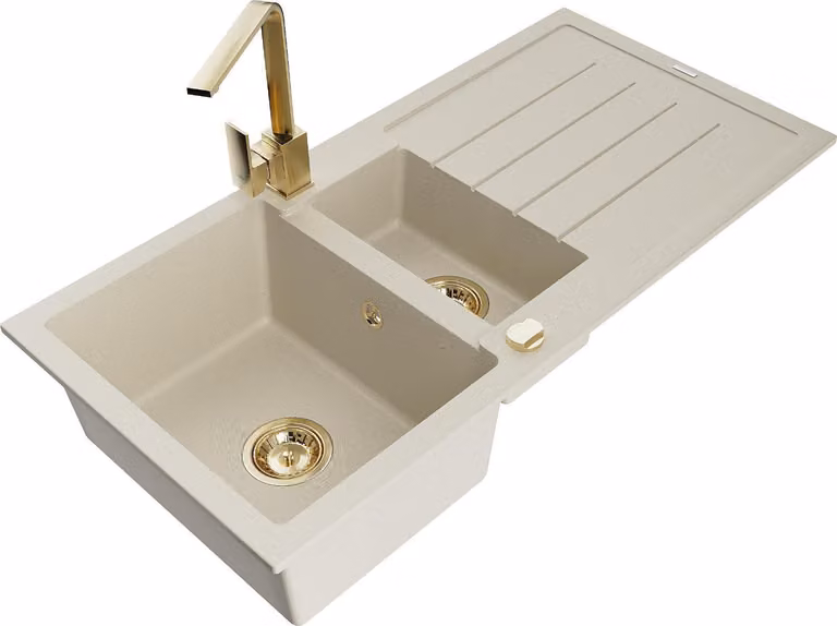 Mexen Andres lavello in granito da 1,5 vasche con scolapiatti e rubinetto da cucina Rita, beige - 6515-69-670300-50